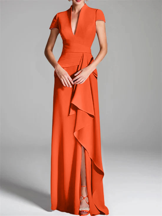 Robe de Mère de la Mariée Fourreau/Colonne à Col en V et Manches Courtes, Longueur Au Sol, avec Fente Sur le Côté