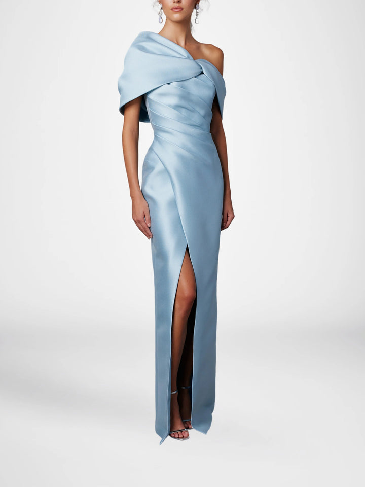 Robe de Mère de la Mariée Fourreau/Colonne à Une Épaule et Demi-Manches, Longueur Au Sol, avec Volants