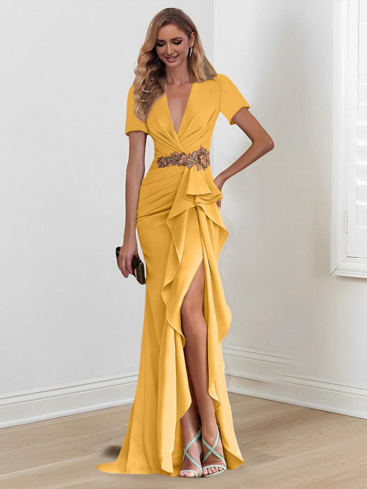 Robe de Mère de la Mariée Sirène/Trompette Longue Au Sol à Col en V avec Volants