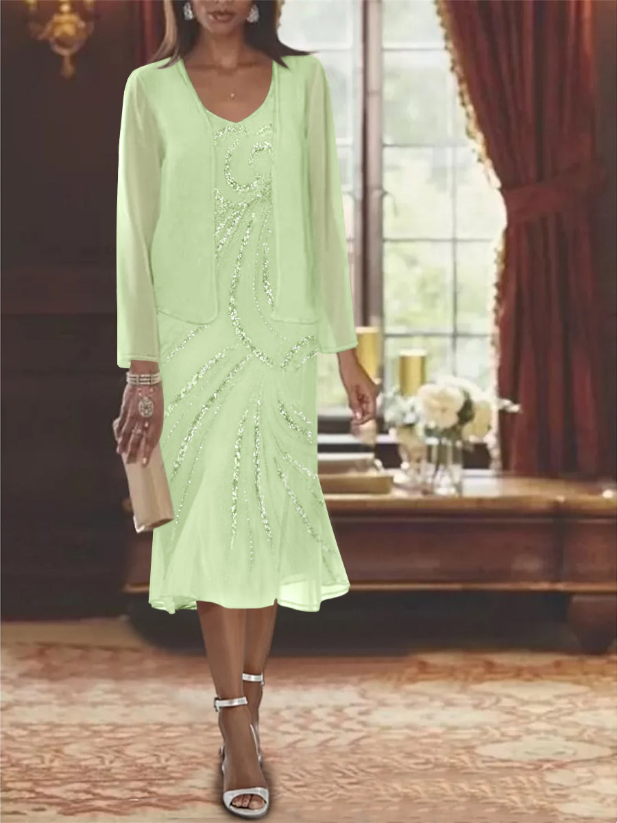 Robe de Mère de la Mariée en Mousseline 2 Pièces à Col en V et Longueur Genou avec Veste et Paillettes