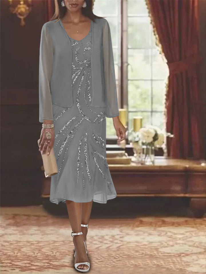 Robe de Mère de la Mariée en Mousseline 2 Pièces à Col en V et Longueur Genou avec Veste et Paillettes