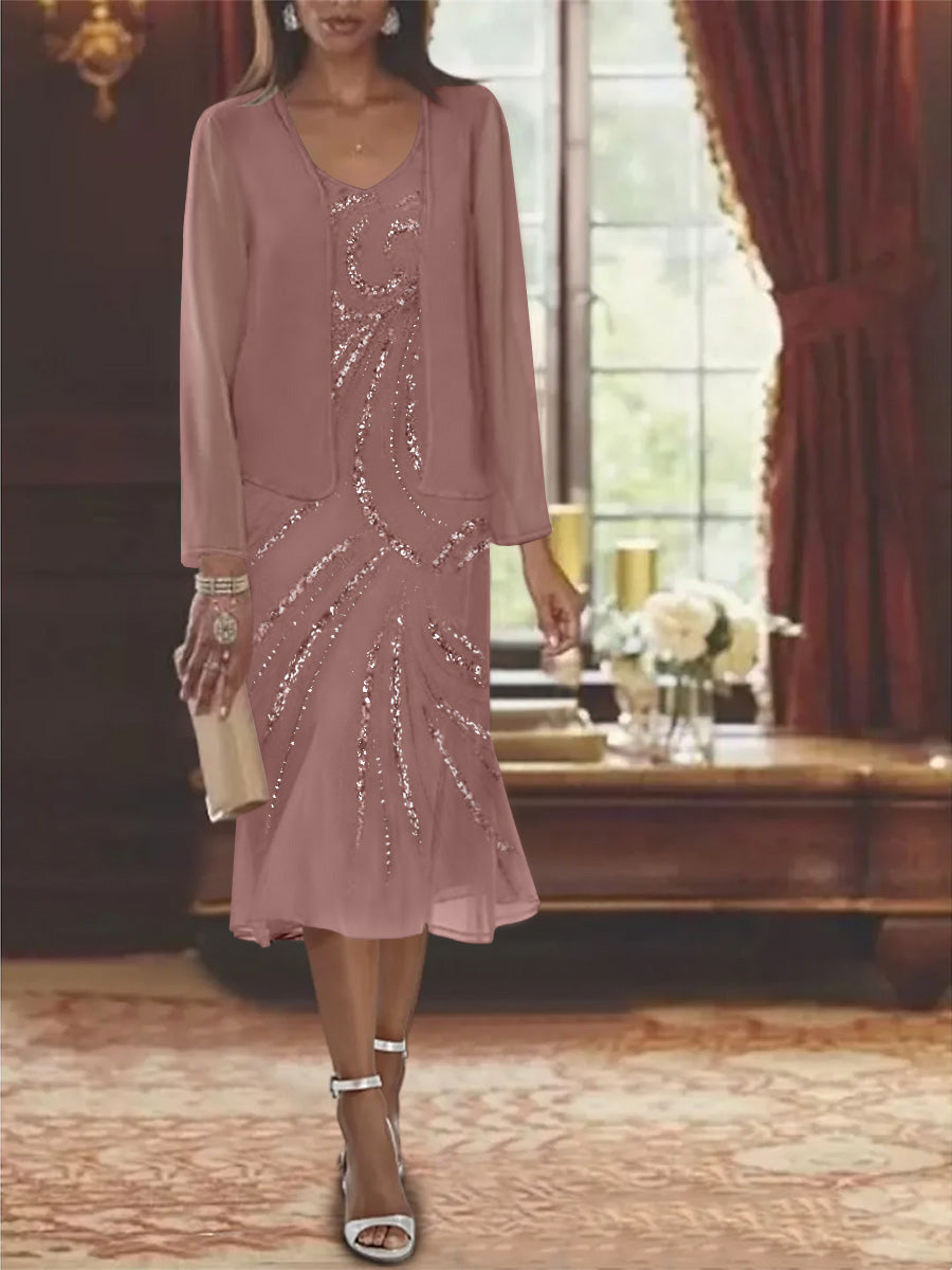 Robe de Mère de la Mariée en Mousseline 2 Pièces à Col en V et Longueur Genou avec Veste et Paillettes