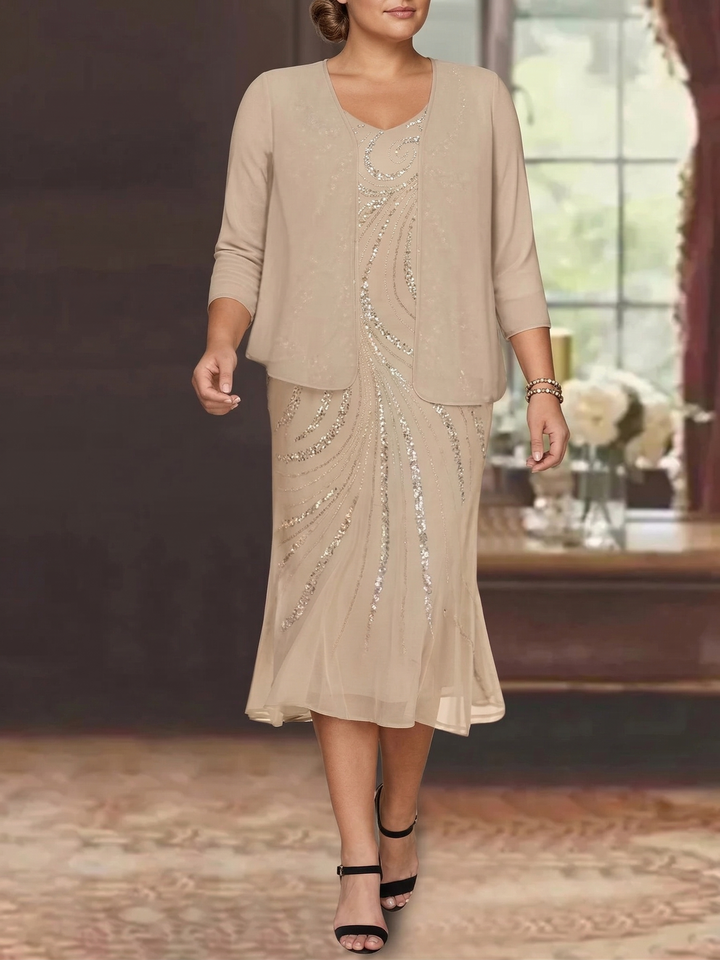 Robe de Mère de la Mariée Grande Taille en Mousseline de Soie 2 Pièces à Col en V Longueur Genou avec Veste et Paillettes