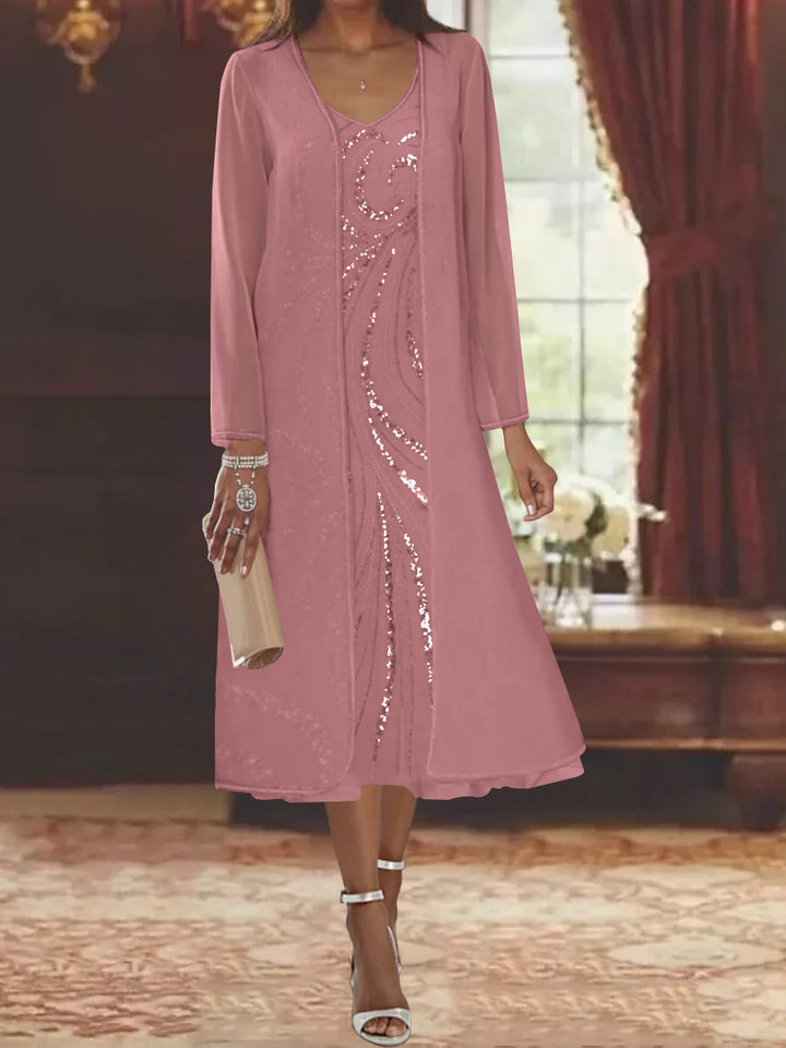 Robe de Mère de la Mariée Fourreau/Colonne à Col en V et Manches Longues, Longueur Thé, avec Veste et Paillettes