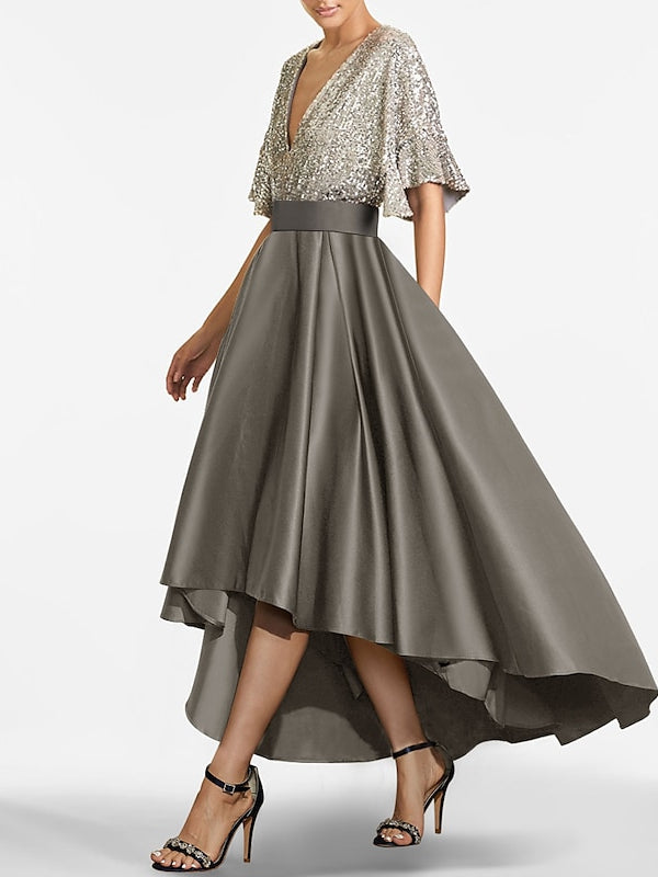 Robes de Mère de la Mariée Asymétriques à Demi-Manches et Col en V de Forme A-Line/Princess