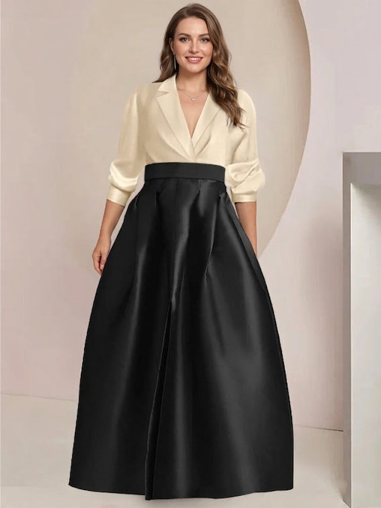 Robe de Mère de la Mariée Grande Taille à Manches Longues et Col en V, Coupe A-Line/Princess, avec Poches