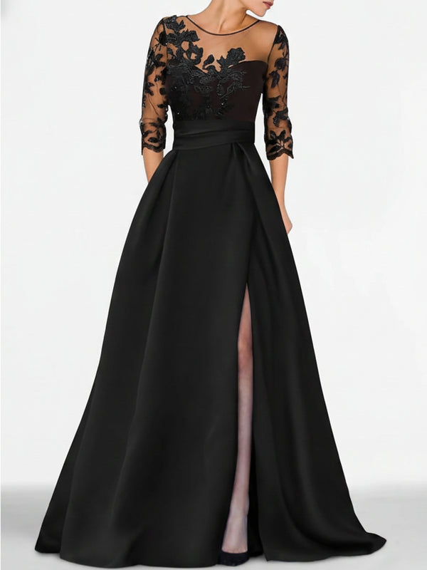 Robe de Mère de la Mariée Coupe A-Line/Princess, Manches 3/4, Longueur Au Sol, avec Dentelle et Fente Sur le Côté