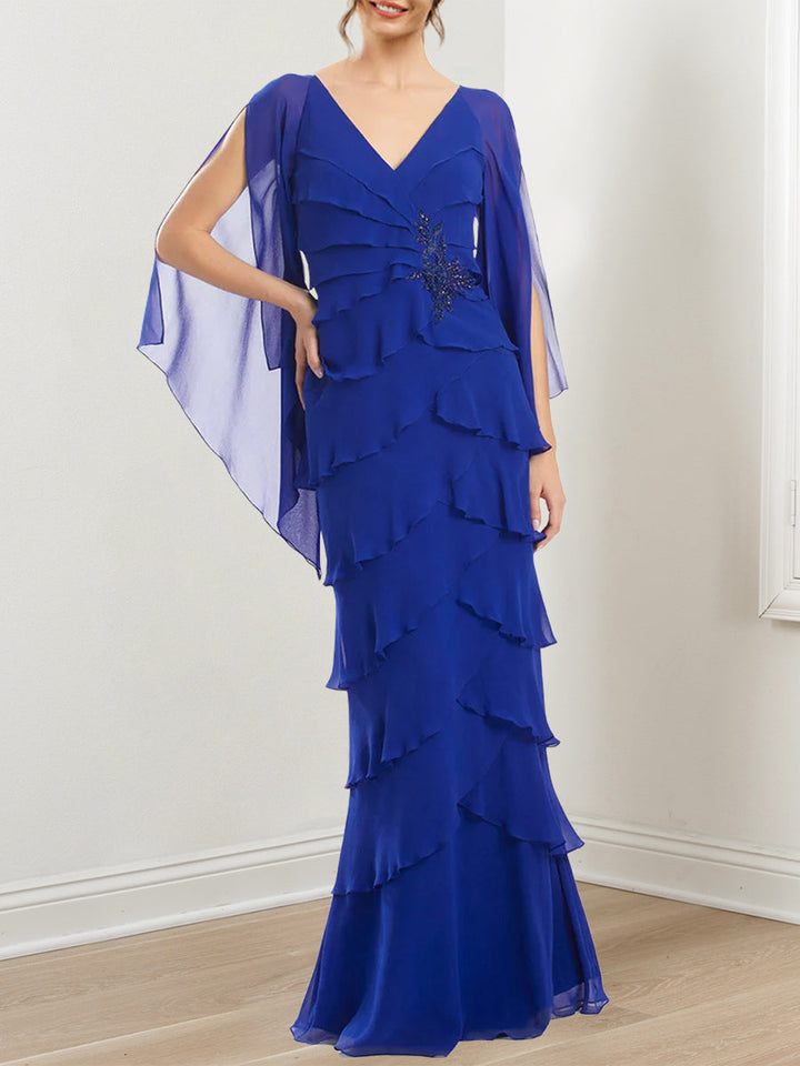 Robe de Mariée en Mousseline de Soie à Manches Courtes et Col en V avec Gaine/Colonne et Volants