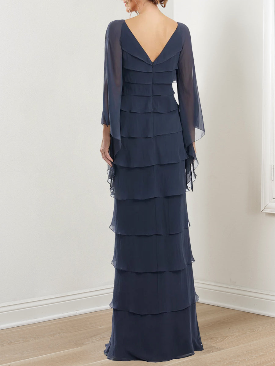 Robe de Mariée en Mousseline de Soie à Manches Courtes et Col en V avec Gaine/Colonne et Volants