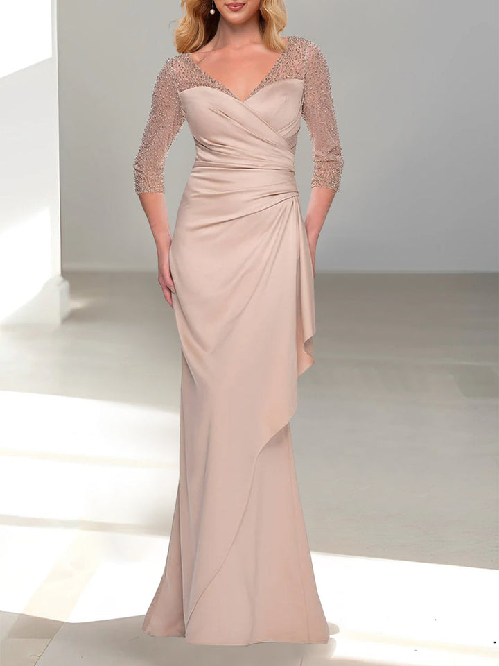 Robe de Mère de la Mariée Trompette/Sirène à Col en V et Manches 3/4 avec Perles
