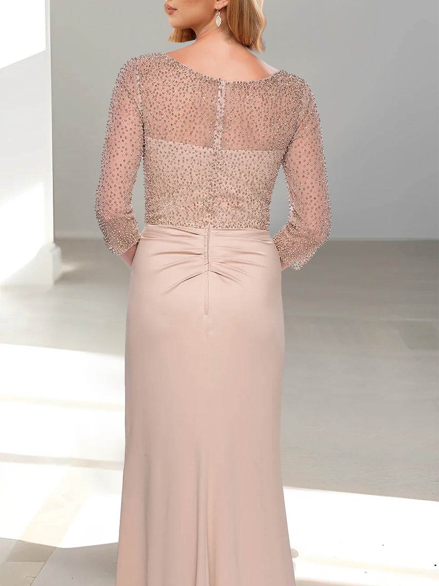 Robe de Mère de la Mariée Trompette/Sirène à Col en V et Manches 3/4 avec Perles