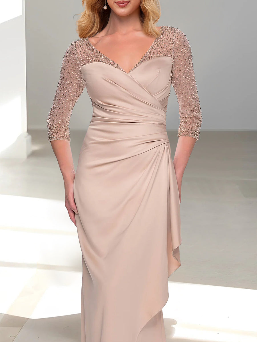 Robe de Mère de la Mariée Trompette/Sirène à Col en V et Manches 3/4 avec Perles