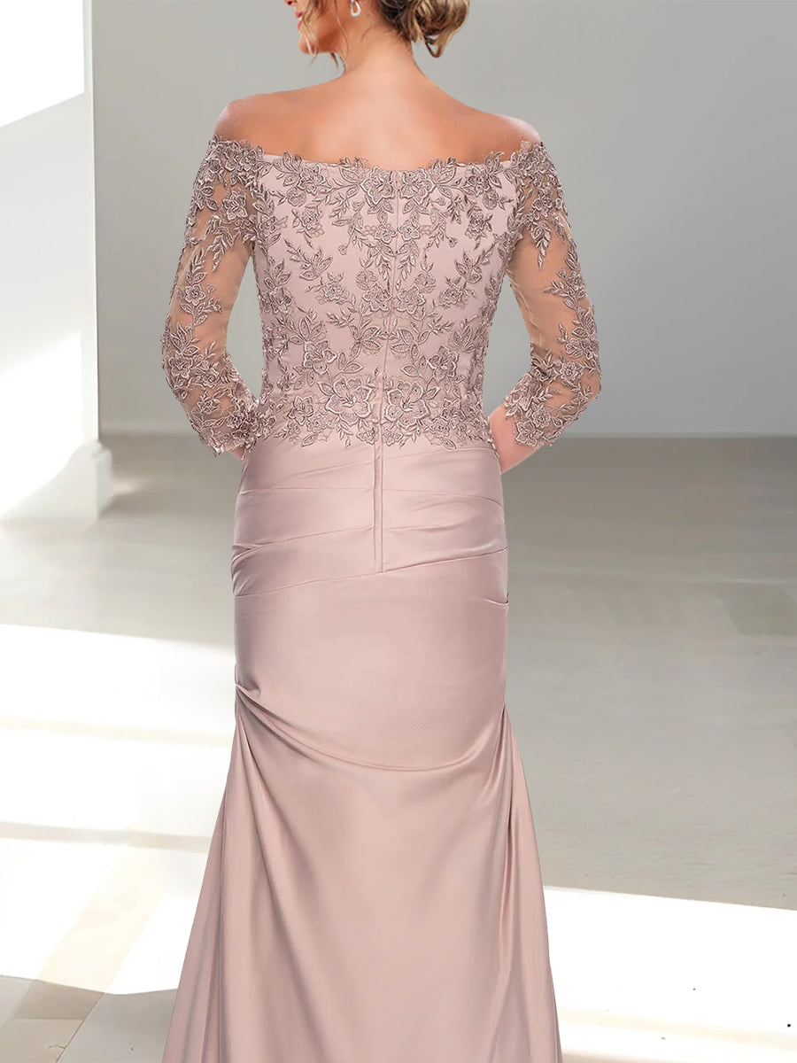 Robe de Mère de la Mariée Trompette/Sirène à Épaules Dénudées et Manches 3/4 avec Perles