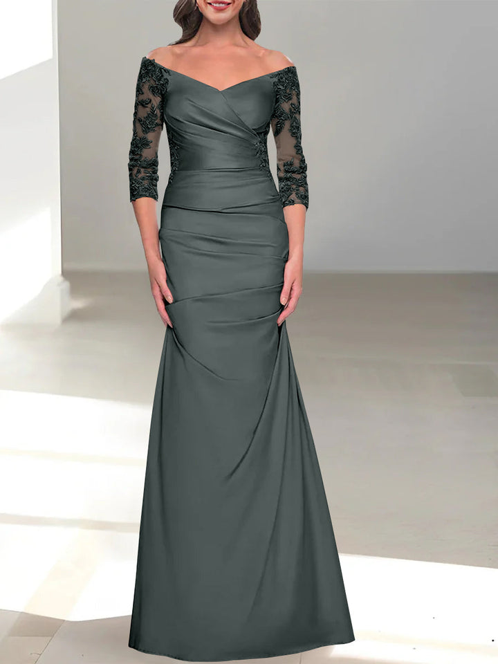 Robe de Mère de la Mariée Trompette/Sirène à Épaules Dénudées et Manches 3/4 avec Perles