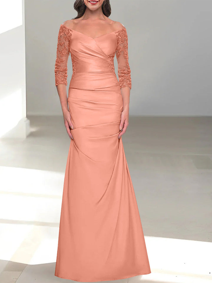 Robe de Mère de la Mariée Trompette/Sirène à Épaules Dénudées et Manches 3/4 avec Perles