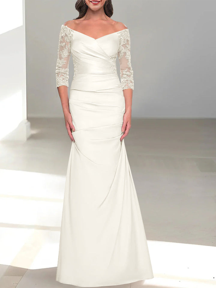 Robe de Mère de la Mariée Trompette/Sirène à Épaules Dénudées et Manches 3/4 avec Perles