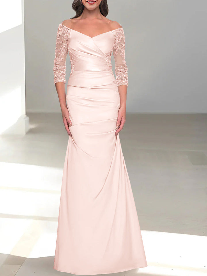 Robe de Mère de la Mariée Trompette/Sirène à Épaules Dénudées et Manches 3/4 avec Perles