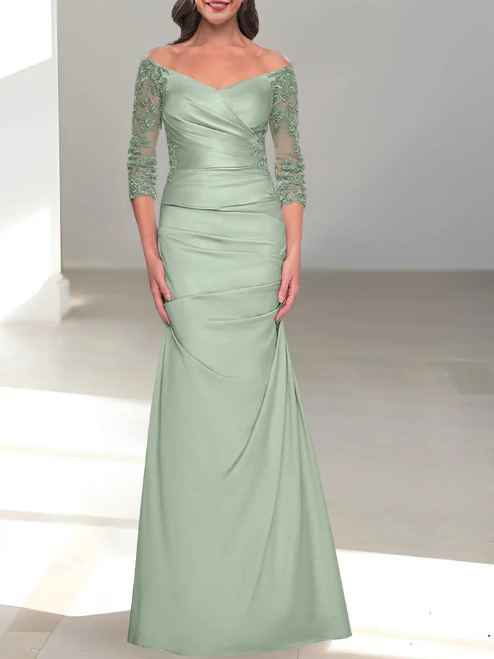 Robe de Mère de la Mariée Trompette/Sirène à Épaules Dénudées et Manches 3/4 avec Perles