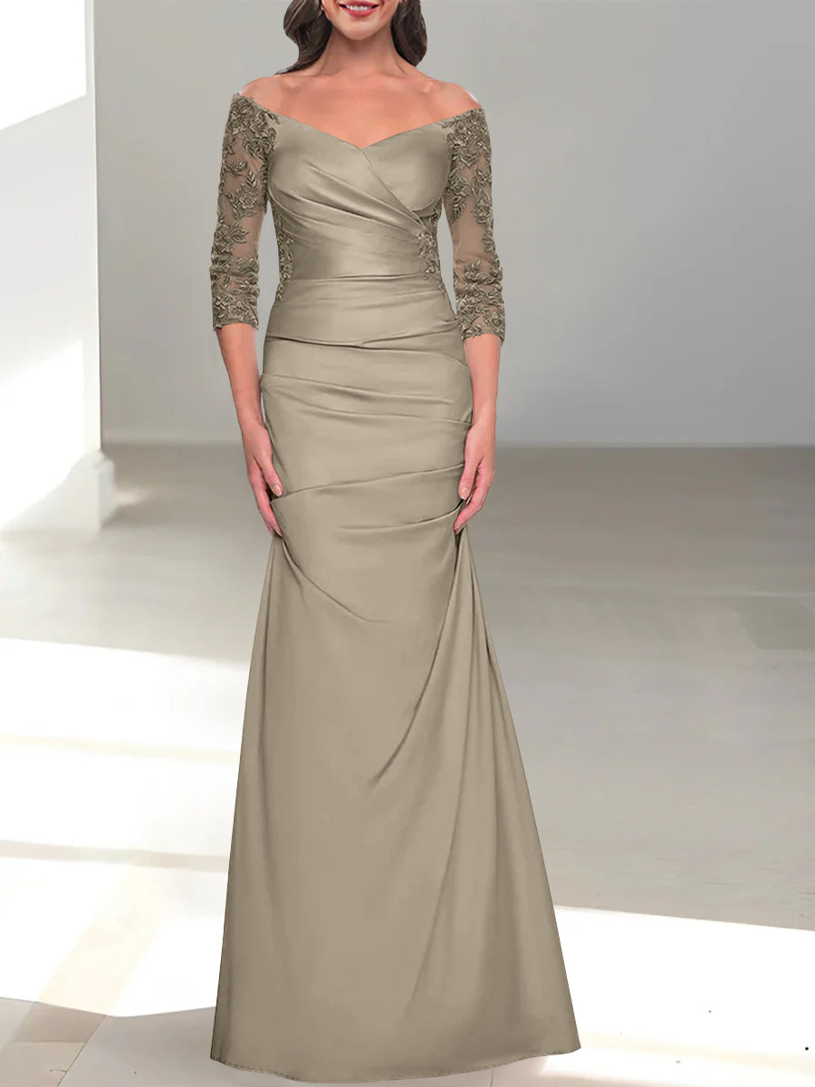 Robe de Mère de la Mariée Trompette/Sirène à Épaules Dénudées et Manches 3/4 avec Perles