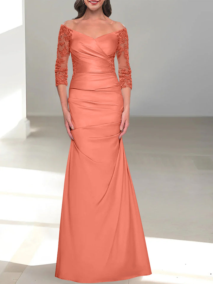 Robe de Mère de la Mariée Trompette/Sirène à Épaules Dénudées et Manches 3/4 avec Perles