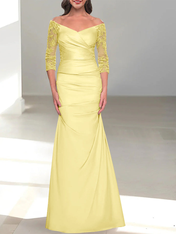 Robe de Mère de la Mariée Trompette/Sirène à Épaules Dénudées et Manches 3/4 avec Perles