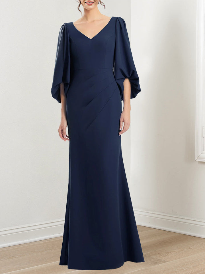 Robe de Mère de la Mariée Trompette/Sirène à Col en V et Manches 3/4 avec Volants