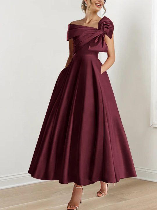 Robe de Mère de la Mariée Coupe A-Line/Princess, Sans Manches, Épaules Dénudées, Longueur Cheville, avec Nœud(S)