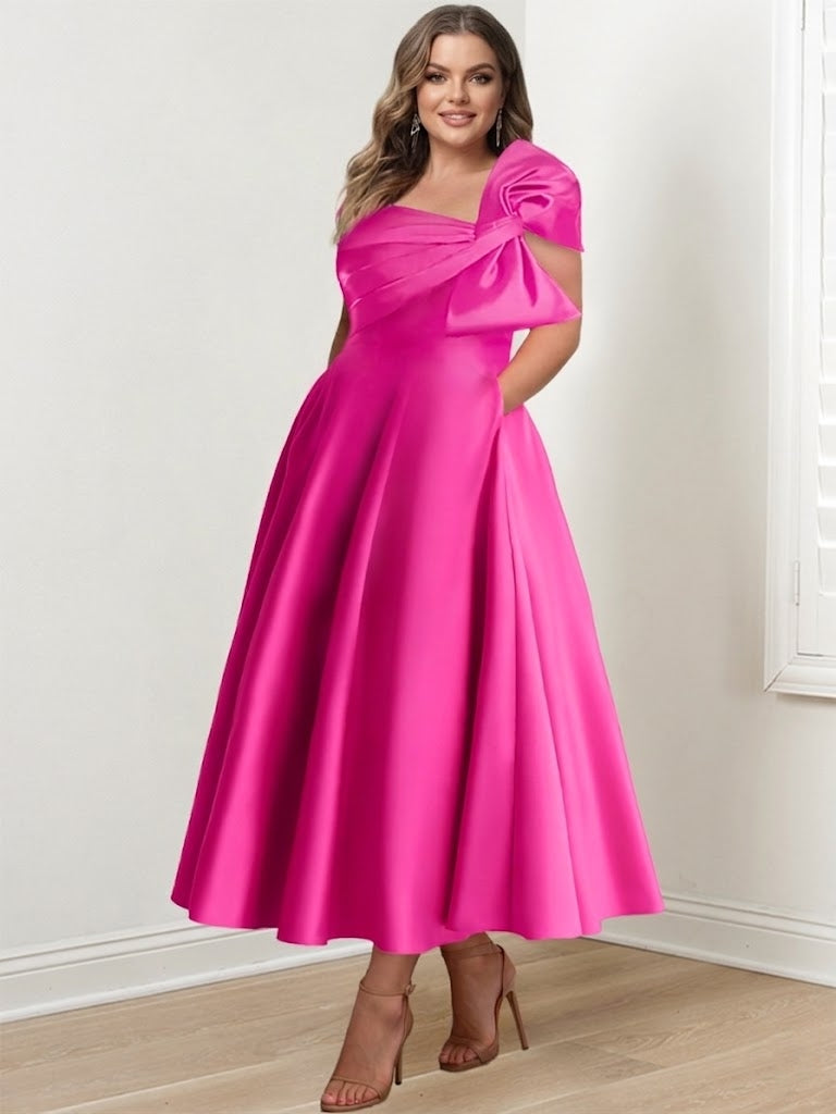 Robe de Mère de la Mariée Grande Taille, Coupe A-Line/Princess, Épaules Dénudées, Sans Manches, Longueur Cheville, avec Nœud(S)