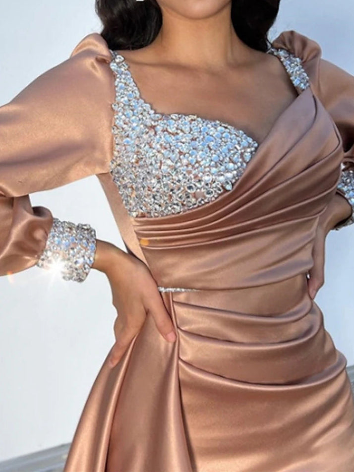 Robe de Soirée Trapèze/Princesse à Manches Longues et Traîne avec Fronces Pailletées