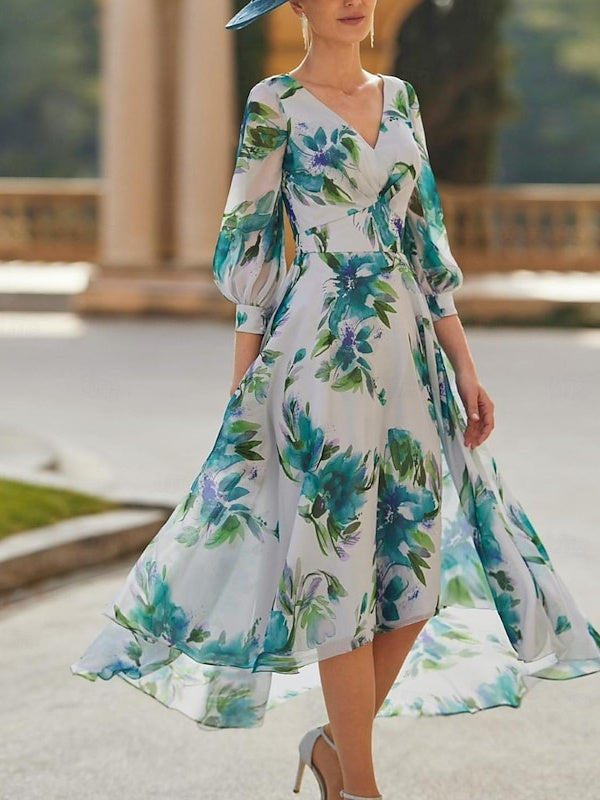 Robe de Mère de la Mariée Asymétrique à Fleurs, Coupe A-Line/Princess, Col en V, Manches 3/4