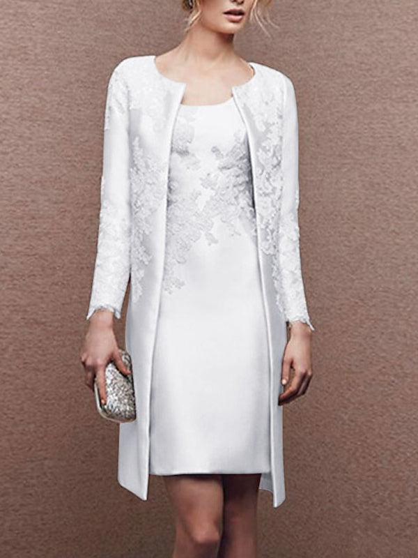 Robe de Mère de la Mariée 2 Pièces en Satin Sans Manches avec Col Fourreau/Colonne et Dentelle Au Genou avec Appliques