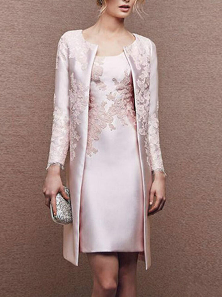 Robe de Mère de la Mariée 2 Pièces en Satin Sans Manches avec Col Fourreau/Colonne et Dentelle Au Genou avec Appliques