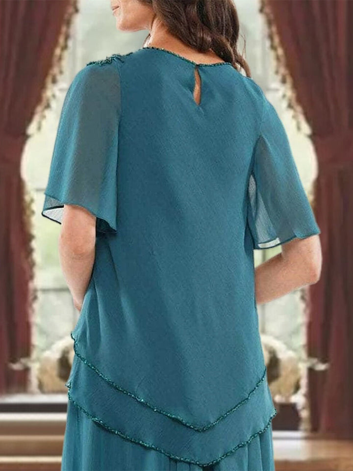 Robe de Mère de la Mariée Coupe A-Line/Princesse, Col Bijou, Manches Courtes, Longueur Au Sol, avec Plis et Perles