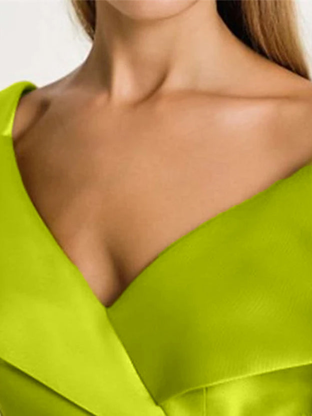 Robe de Mère de la Mariée en Satin à Manches Courtes et Col en V avec Strass