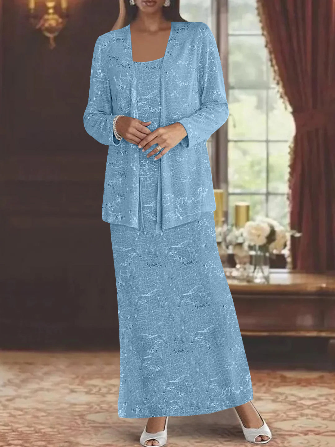 Robe de Mère de la Mariée en Mousseline de Soie, Longueur Cheville, avec Paillettes et Veste