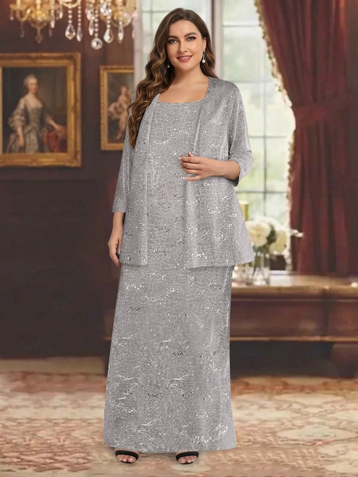 Robe de Mère de la Mariée Grande Taille en Mousseline de Soie, Longueur Cheville, avec Paillettes et Veste