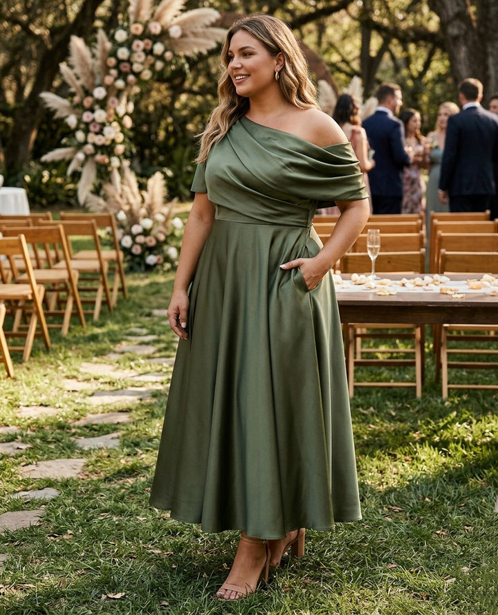 Robe de Mère de la Mariée Grande Taille, Coupe A-Line/Princess, Asymétrique, Manches Mi-Longues, Longueur Cheville, avec Volants