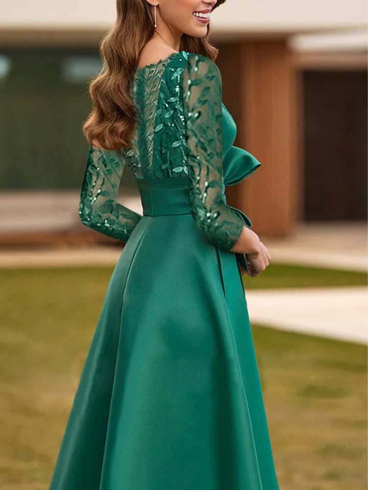 Robe de Mère de la Mariée Coupe A-Line/Princess à Encolure Illusion et Manches 3/4 avec Fente Sur le Côté