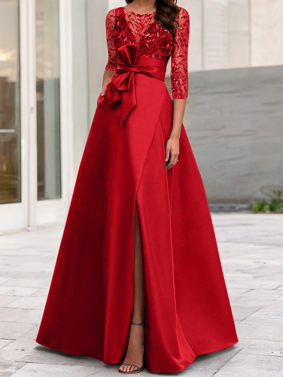 Robe de Mère de la Mariée Coupe A-Line/Princess à Encolure Illusion et Manches 3/4 avec Fente Sur le Côté