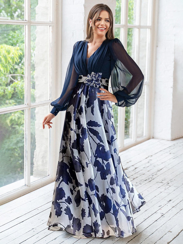 Robe de Mère de la Mariée à Fleurs, Coupe A-Line/Princesse, Col en V, Manches Longues, Longueur Au Sol, Motif Floral