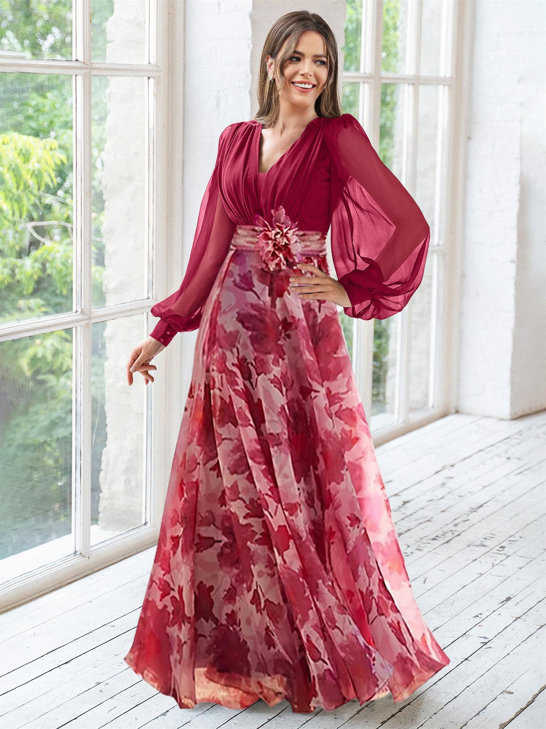 Robe de Mère de la Mariée Grande Taille à Fleurs, Coupe A-Line/Princesse, Col en V, Manches Longues, Longueur Au Sol