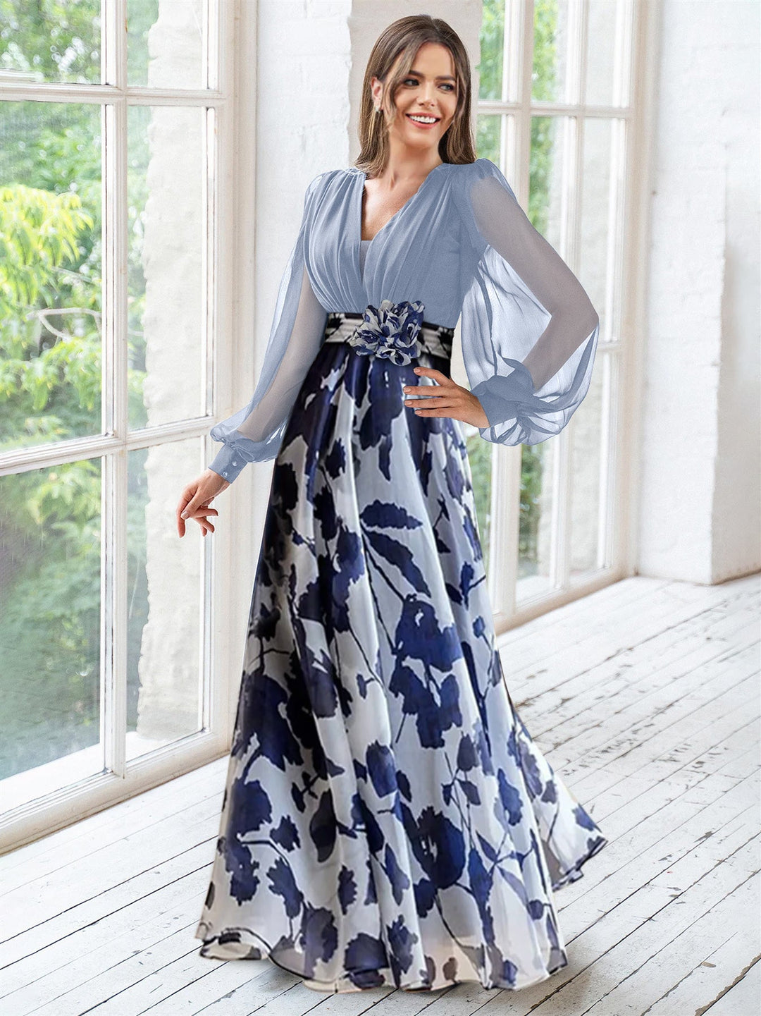 Robe de Mère de la Mariée Grande Taille à Fleurs, Coupe A-Line/Princesse, Col en V, Manches Longues, Longueur Au Sol