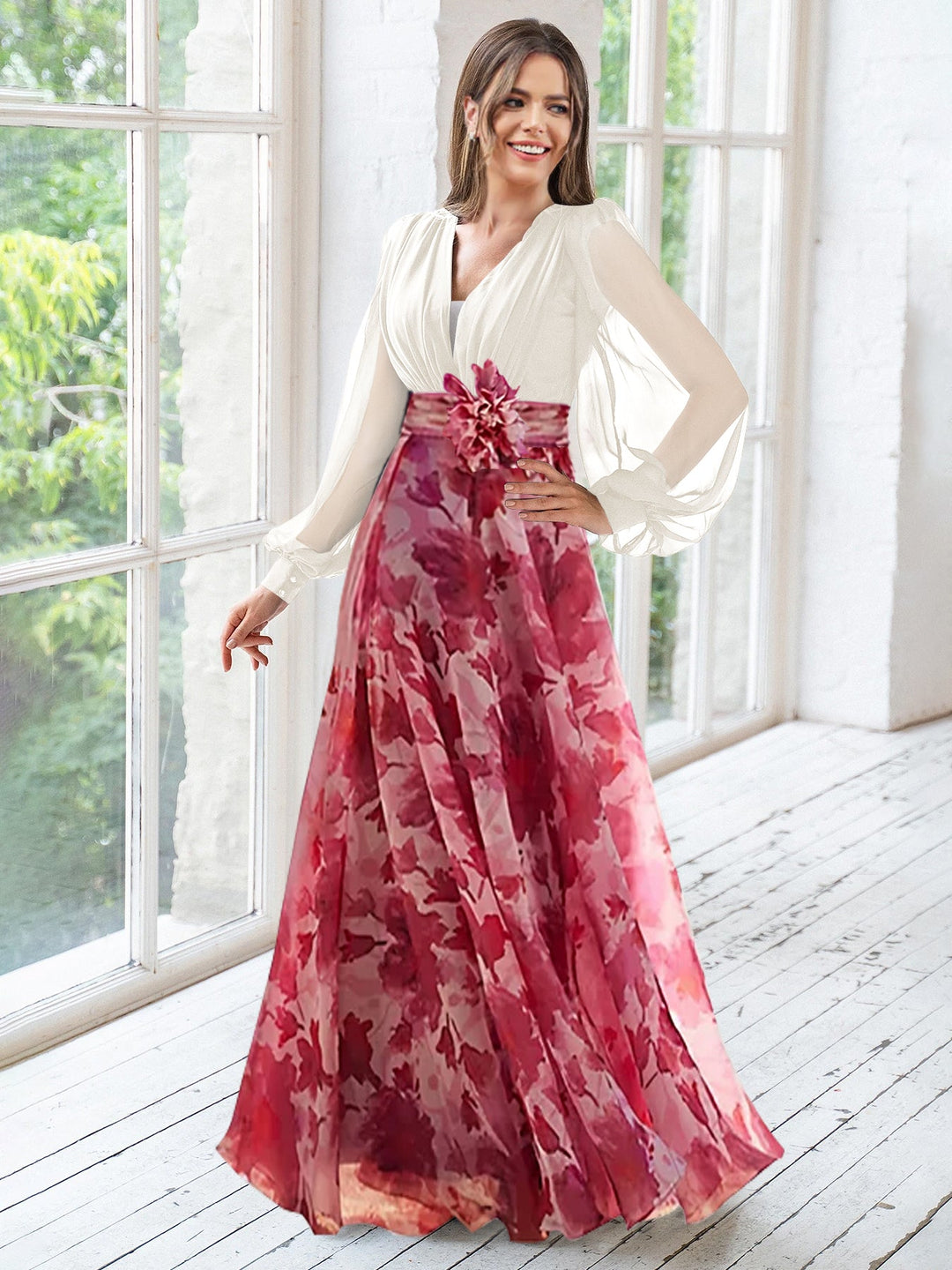 Robe de Mère de la Mariée Grande Taille à Fleurs, Coupe A-Line/Princesse, Col en V, Manches Longues, Longueur Au Sol
