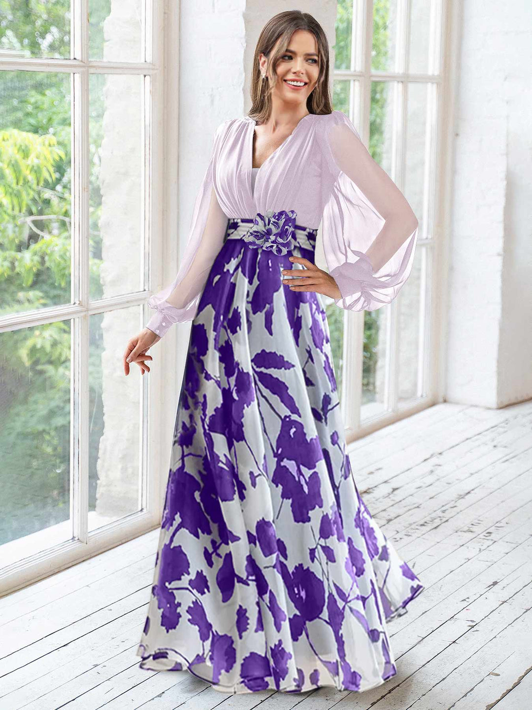 Robe de Mère de la Mariée Grande Taille à Fleurs, Coupe A-Line/Princesse, Col en V, Manches Longues, Longueur Au Sol
