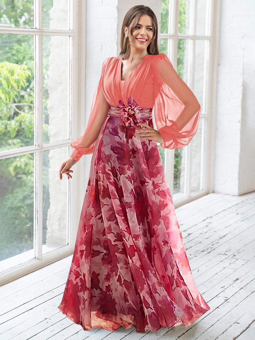 Robe de Mère de la Mariée Grande Taille à Fleurs, Coupe A-Line/Princesse, Col en V, Manches Longues, Longueur Au Sol