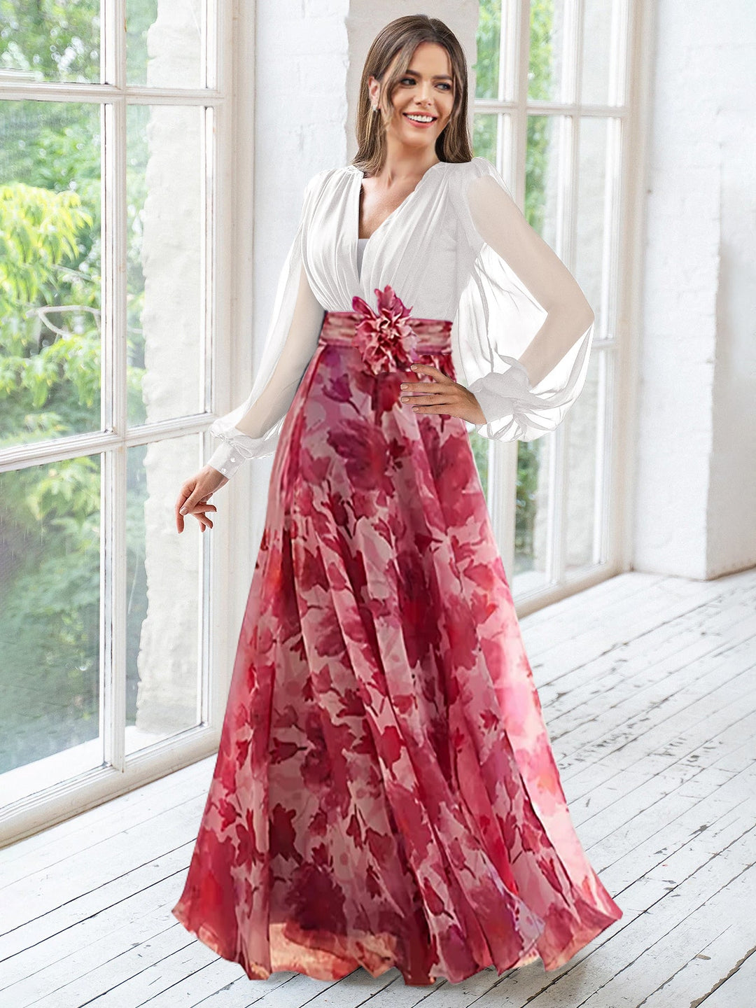 Robe de Mère de la Mariée Grande Taille à Fleurs, Coupe A-Line/Princesse, Col en V, Manches Longues, Longueur Au Sol