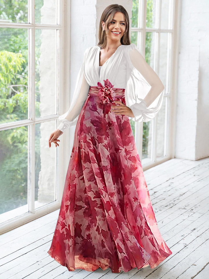 Robe de Mère de la Mariée Grande Taille à Fleurs, Coupe A-Line/Princesse, Col en V, Manches Longues, Longueur Au Sol