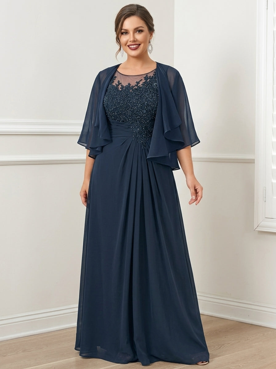Robe de Mère de la Mariée Grande Taille, Coupe A-Line/Princess, Longueur Au Sol, avec Plis et Paillettes