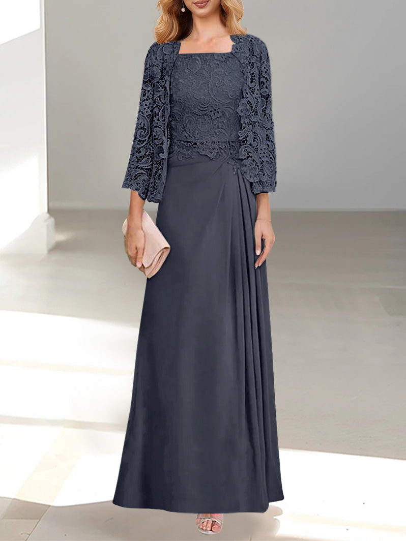Robe De Mère De La Mariée 2 Pièces Coupe A-line/princesse Avec Décolleté Plongeant Et Longueur Au Sol Et Appliques Plissées Et En Dentelle