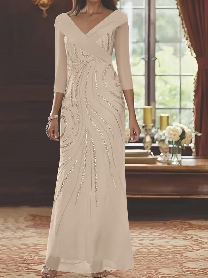Robe de Mère de la Mariée Fourreau/Colonne à Col en V et Manches 3/4, Longueur Au Sol, avec Paillettes